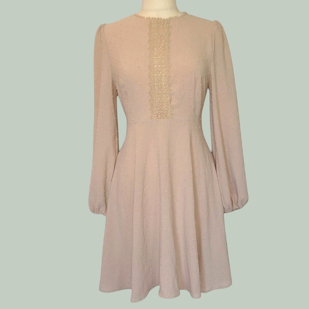 Forever 21 Swiss Dot Mini Dress Women Small Pink Excellent Lace Long Sleeve